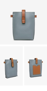 Detail view of leather crossbody phone bag with litchi texture and back card slots