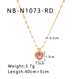 Detailed size specifications for gold heart necklace with pink stone and dimensions