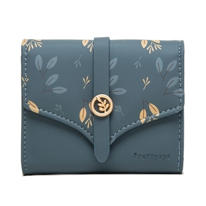 Women Trifold Wallet PU Leather Floral Leaf Print Compact Short Purse With Zipper Coin Pocket And Gold Leaf Buckle
