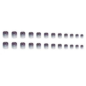 Purple and blue gradient plaid pattern square press-on nails set with 24 pieces