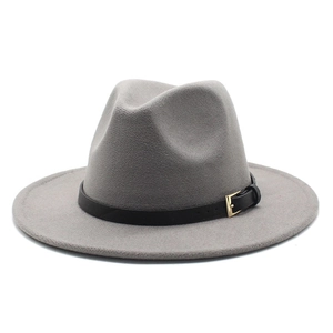 Detail view of the gray wool fedora hat with black leather band and gold metal buckle
