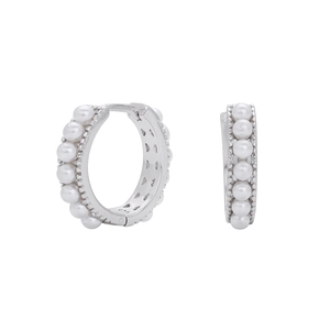 Elegant S925 sterling silver hoop earrings with white pearls and milgrain detail
