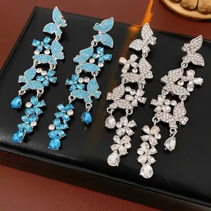 Butterfly Tassel Dangle Earrings Alloy Zircon Rhinestone With Silver Earring Post Long Sparkling Elegant Women Jewelry
