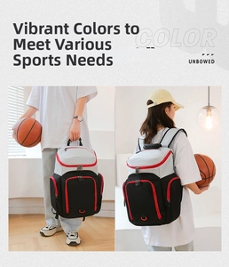 Close-up of large capacity sports backpack featuring padded handle and functional pockets