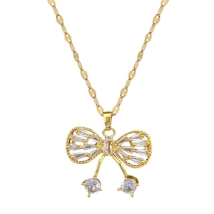 Golden titanium steel necklace with butterfly bow and cherry shaped zircon pendant