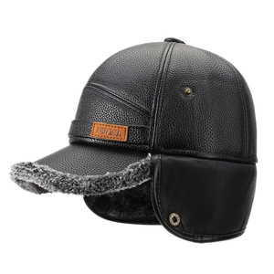 Men's winter black leather baseball cap with thickened ear flaps and warm faux fur lining