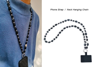 Ethnic bohemian style phone strap with black irregular beads and silver metal spacers