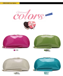 Macro detail of sequined shell makeup bags in glitter pink, green and silver white