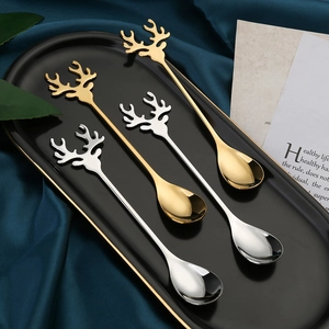 Set of four elk antler stainless steel coffee spoons in gold and silver mirror finish
