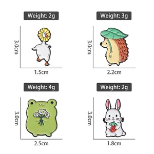 Cartoon animal enamel pins set featuring cute rabbit and hedgehog with size specifications