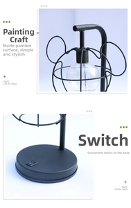 Close-up of matte black metal LED lamp with filament bulb and rocker switch base