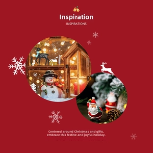 Christmas theme charms featuring Santa, snowman, and wooden light house on red background