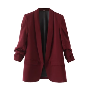 Women's wine red ruched sleeve blazer with shawl collar in casual streetwear style