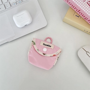Pink checkered fabric protective case for wireless earbuds with secure hook and snap
