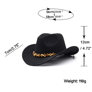 Black wool felt western cowboy hat with ethnic beads, 56-58cm circumference size guide