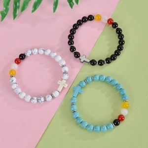 8mm natural stone bead bracelet with cross pendant in obsidian turquoise and white marble