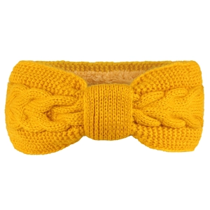 Detail of yellow knit headband showing cable knit pattern and soft fleece lining