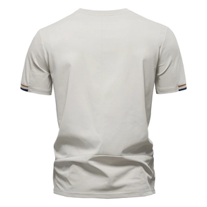 Rear view of white cotton T-shirt featuring striped embroidery details on the sleeves