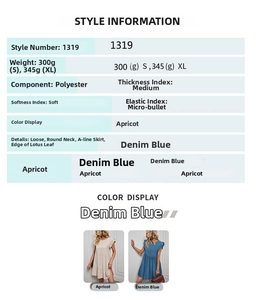 Detail view of polyester fabric specifications and ruffle sleeve dress features