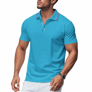 Detail of lake blue polo shirt featuring contrast red, white, and blue striped collar design