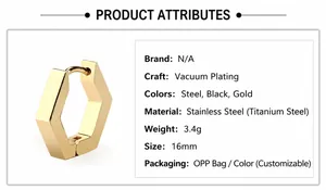 Macro detail of golden geometric hexagonal hoop earring showing 16mm size and weight