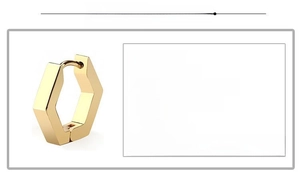 Macro detail of golden geometric hexagonal hoop earring showing 16mm size and weight