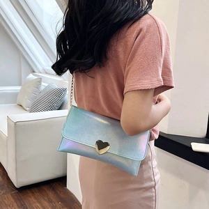 Blue laser gradient heart clutch bag with metal chain and heart lock clasp for women