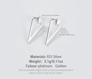Detailed view of S925 sterling silver geometric triangle earrings with dimensions and weight