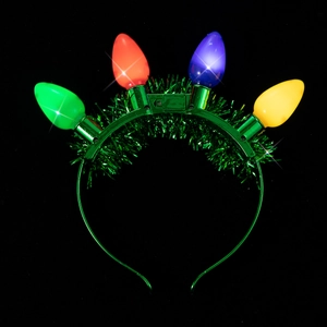 Macro detail of Christmas headband with glowing colorful light bulbs and green tinsel decor