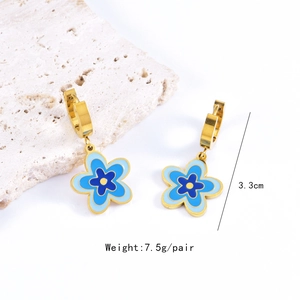 Detailed view of blue enamel flower earrings with gold hoop and 3.3cm size marking