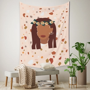 Bohemian tapestry with abstract portrait in a cozy home interior scene