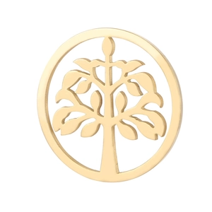 Detailed close-up of golden hollowed-out tree of life pendant with a polished finish
