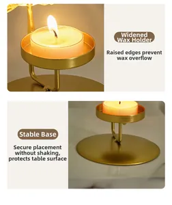 Detail of gold metal candle holder showing wide wax tray and stable round base