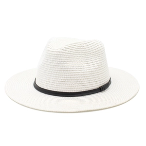 Classic white woven straw Panama hat with black decorative band for summer beach sun protection