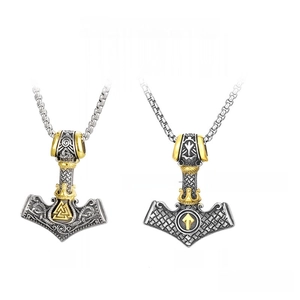 Front and back detail of stainless steel Viking hammer pendant with Valknut symbols