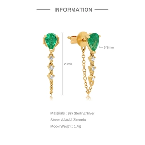 Detailed specs of S925 sterling silver pear-cut green zircon drop earrings with chain