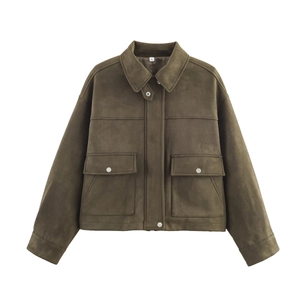 Women's brown-green suede jacket with large pockets and flat lay design on white background