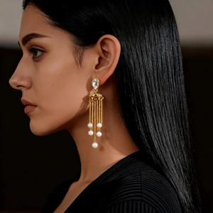 Elegant gold chandelier earrings with teardrop crystal and dangling pearl tassels