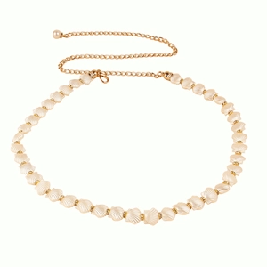 Elegant gold metal waist chain with shell-shaped links and a pearl pendant for women