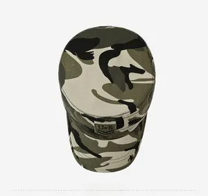 Top view of camouflage flat top tactical cap with embroidered patch and stitching detail