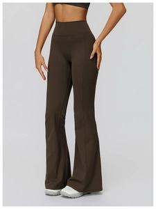 Deep brown high-waisted flared yoga pants with elastic tummy control waistband