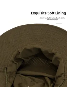Detail of olive green ripstop fabric hat with soft breathable lining and adjustable cord