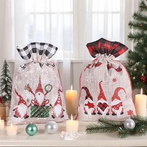 Sacchetti Regalo Di Natale Con Coulisse Tessuto Di Juta Motivo Gnomo Polsini A Quadri Decorazione Per Feste Rustica