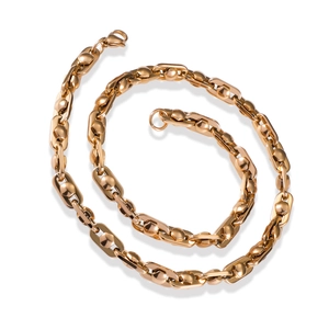 Polished gold stainless steel flat link chain necklace and bracelet set on white background