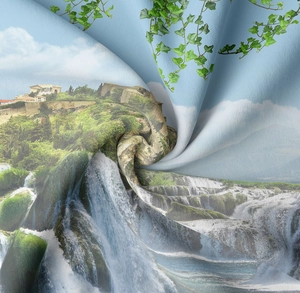Detailed texture of lightweight tapestry fabric featuring waterfall and nature print