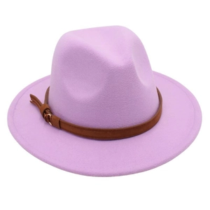 Detailed close-up of light purple wool felt fedora with a brown leather buckle strap