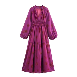 Robe Maxi En Mousseline À Fleurs Col En V Manches Longues Jupe À Étages Élégant Style Vintage Français Plissé Taille Haute Violet