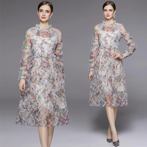 Vestido Midi Elegante De Malla Con Estampado Floral Manga Larga Cuello Alzado Volantes Gasa Para Fiesta
