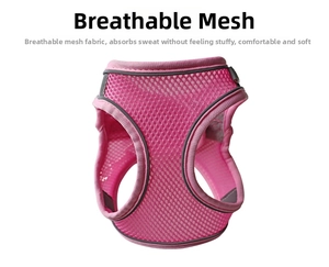 Detail of pink breathable mesh pet harness with reflective safety gray trim