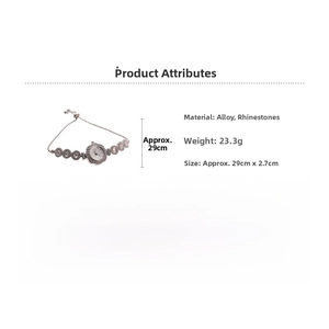 Detailed specs of the silver rhinestone watch bracelet showing dimensions and material weight